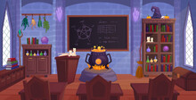 Magic Room Interior. Mystery Library Wizards School, Sorceress House Witch Alchemy Laboratory Cartoon Fairy Study Classroom Indoors Medieval Castle, Ingenious Vector Illustration