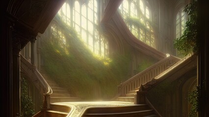 Wall Mural - Staircase in the palace leading to the top. Large panoramic windows. Fantasy interior with a garden. Rays of the sun, shadows. Majestic staircase. 3D illustration.