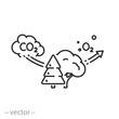 cleaning air icon, trees absorbs CO2 and production O2, recycling carbon into oxygen, thin line symbol on white background - editable stroke vector illustration