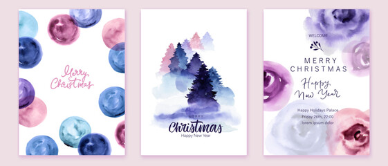 Set of holiday cards. Creative watercolor vector illustration. Winter forest, colorful roses, dots, circles with texture. Christmas, New Year greeting cards.