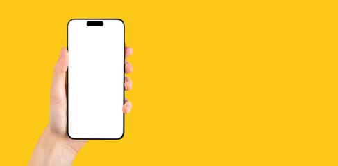 Poster - Phone mock up frame in hand on yellow ad banner, promo background for app ads