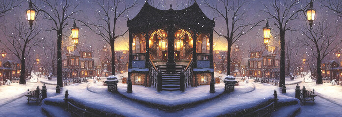 Wall Mural - A fabulous winter town with old streets and Victorian style houses. Winter streets, lanterns, December. Winter festive Christmas decorations of the city. Card.