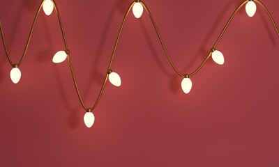Wall Mural - Pink room with a bright garland of lamps on the wall. 3d rendering