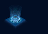 Fototapeta Niebo - Abstract illustration of artificial intelligence showing a hologram on a dark blue background. The hologram contains a square base and a three-dimensional light image made of digits: zero and one.