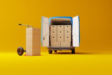 Sticker - Commercial delivery white van with cardboard boxes on yellow background. Delivery order service company transportation box business background with van truck. 3d rendering, 3d illustration.