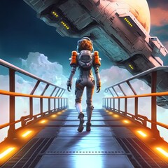 Wall Mural - Cyborg girl walks on metal bridge to cryo chamber in empty space with view of the night city. Old scratched metal white orange spaceship hovering in the air. Assault fighter, gunship. 3d illustration.