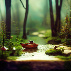 Sticker - Riverbed in forest with a miniature boat