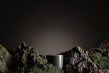 Minimal Black Cylinder Pedestal Or Podium For Product Showcase With Rocks And Stones Background. Stand Product Mockup Backdrop. 3d Render Illustration