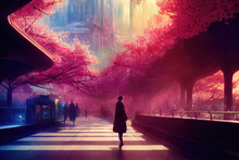 Japanese Futuristic City, Girl Silhouette, Sakura Blossom, Neon.