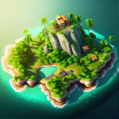 Sticker - Tropical island in the mountains. Beautiful cartoon illustration generated by Ai	