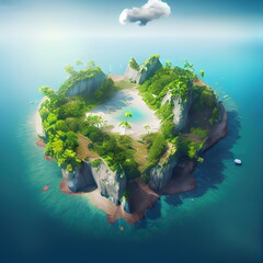 Canvas Print - Tropical island in the mountains. Beautiful cartoon illustration generated by Ai	