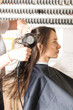 © Виктория Попова - The hairdresser dries the client's hair with a hair dryer and styles her hair with a comb.
