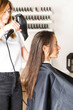 © Виктория Попова - The hairdresser dries the client's hair with a hair dryer and styles her hair with a comb.