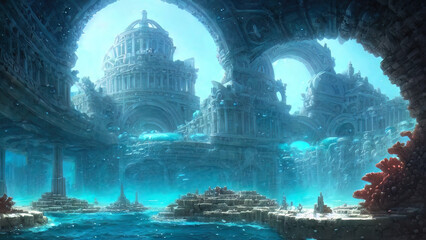 ancient majestic sunken city of atlantis civilization. fantasy city at the bottom of the ocean. 3d i