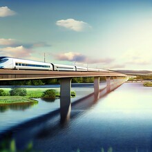 Modern Bullet Train Crossing The Bridge Over The River. Fast Speed, Blurred Motion. Photorealistic Illustration Generated By Ai
