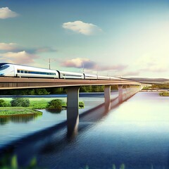 Modern bullet train crossing the bridge over the river. Fast speed, blurred motion. Photorealistic illustration generated by Ai