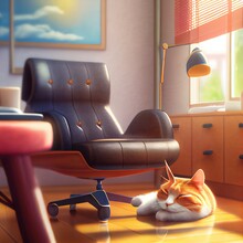 Cute Adorable Toon Cat Sleeps At Office Workplace. Beautiful Ai Generated Illustration