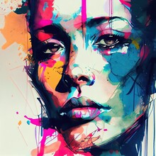 Beautiful Woman, Colorful Stunning Illustration In Grunge Style. . Spatter And Drips Of Paint. Generated By Ai