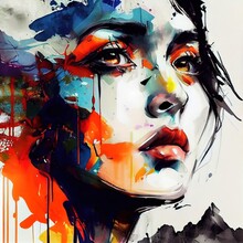 Stunning Illustrated Portrait Of Beautiful Woman. Spatter And Drips Of Paint. Generated By Ai, Is Not Based On Any Original Image, Character Or Person