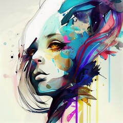 Stunning illustrated portrait of beautiful woman. Spatter and drips of paint. Generated by Ai, is not based on any original image, character or person