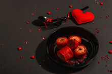 Romantic Breakfast Idea, Red Crepes Or Thin Pancakes Topped Sweet Hearts