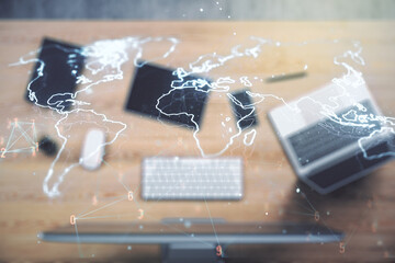 Fototapete - Multi exposure of abstract creative digital world map on laptop background, research and analytics concept