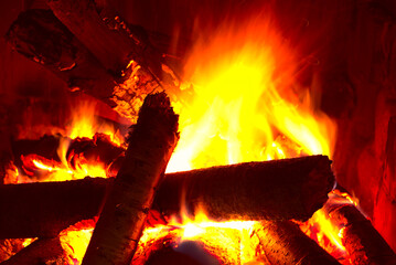 Orange fire in the fireplace. Burning firewood.