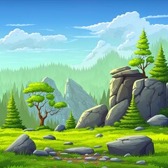 Wall Mural - Cartoon nature landscape green field, conifers trees and rocks under blue sky with clouds. Scenery view background, summer or spring meadow or pasture with plants and stones, 2d illustrated