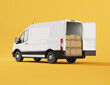 © Michael - 3d render of a white delivery van with cardboard boxes inside the vehicle on yellow background. Logistics and wholesale concept.Online Orders, Purchases, E-Commerce Goods, Merchandise