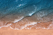 Turquoise Water With Wave With Sand Beach Background From Aerial Top View. Concept Summer Sunny Travel Image