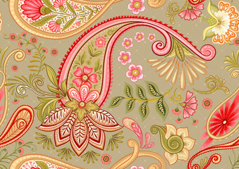 Poster - Fantasy flowers in retro, vintage, jacobean embroidery style. Paisley seamless pattern, background. Vector illustration on kraft paper background.