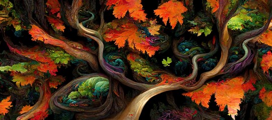 Abstract magical fantasy woods - vibrant autumn fall colors, misty fog and sacred old towering fantasy trees in strange and unusual curvy shapes.