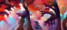 Abstract Magical Fantasy Woods - Vibrant Autumn Fall Colors, Misty Fog And Sacred Old Towering Fantasy Trees In Strange And Unusual Curvy Shapes.