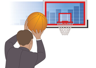 Wall Mural - businessman aims basketball to shoot ball into hoop, back view, with bar graph on backboard on white background