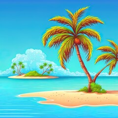 Poster - Two palm tree and sandy beach on blue sea. Paradise vacation on tropical island. 2d illustrated cartoon illustration