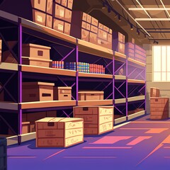 Warehouse interior with cardboard boxes on metal racks. 2d illustrated cartoon illustration of empty storage room interior with goods, cargo and parcels on shelves. Storehouse in store, garage, market