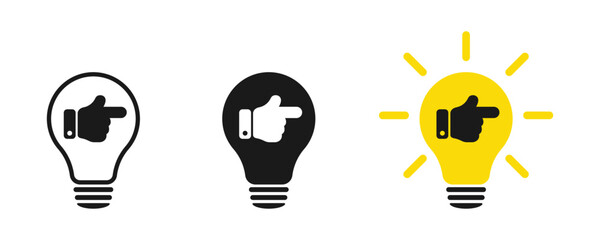 Poster - A hand with a finger indicates the direction. Idea lamp icons set. Flat style - stock vector