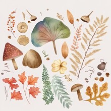 Watercolor Composition Of Autumn Elements In Vintage Style Hand Painted Autumn Illustration With Herbs, Leaves And Mushrooms In Muted Colors Forest Composition , Anime Style