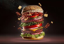 Flying Floating Cheeseburger Close-up View On Isolated Studio Background. Onion, Pickle, Tomato, Mayonnaise, Cheese, Bacon, Salad, And Hamburger From Fast Food Restaurant. 3D Rendering.