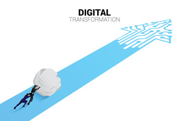 Poster - Silhouette of businessman push the rock on the way with dot connect line circuit. concept of digital transformation of business.
