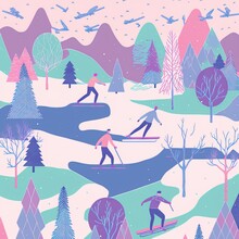 Illustration Of People Skating In A Fozen Lake Winter Landscape With Trees, Snow And Birds,  Beautiful Pinkm Purple Blue And Green Colors