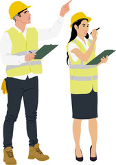 Poster - Female and male workers holding clipboard and wear helmet and a vest. Hand-drawn vector illustration isolated on white. Full length view