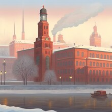 Moscow, Russia January 24, 2021 View On The Red Brick Building Of The Historic Chocolate Factory And The Bronze Monument To Peter The Great On The Moscow River On A Foggy Winter Morning