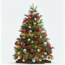 Christmas Tree With Christmas Balls And Decorations Isolated On White Background