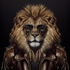 Wall Mural - portrait of lion wearing sunglasses, cool looking lion in shades