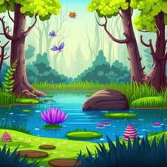 Sticker - Cartoon forest background with pond or swamp.