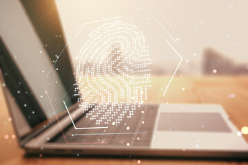 Aufkleber - Multi exposure of abstract graphic fingerprint sketch on modern computer background, fingerprint scan data concept