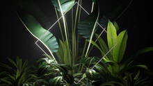 Cyber Background Design. Tropical Plants With White, Diamond Shaped Neon Frame.