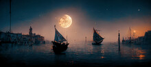 Spectacular Fantasy Coastal Town With Sailing Ship And Fishing Boats, Background Of Bright Moon In The Sky. Vintage Digital Art 3D Illustration Concept Art By Medieval Ship Or Schooner On The Coast.