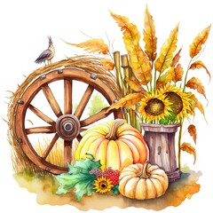 Canvas Print - Autumn composition Watercolor illustration Hand drawn composition of corn stalks, pumpkin, sunflower, twigs and wooden wheel Fall, harvest , anime style